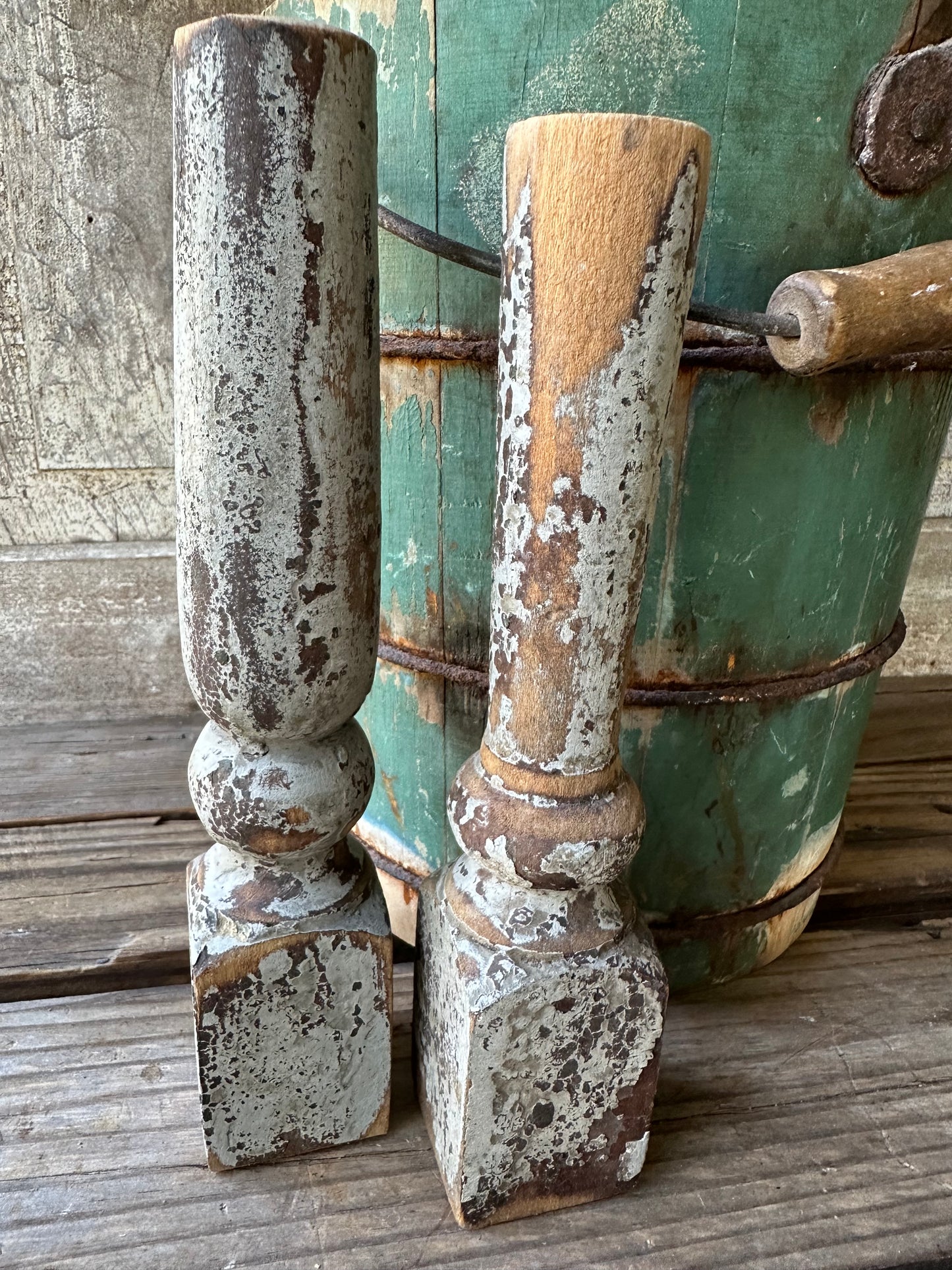 Weathered Wood And Gray Paint Spindles Set of Two