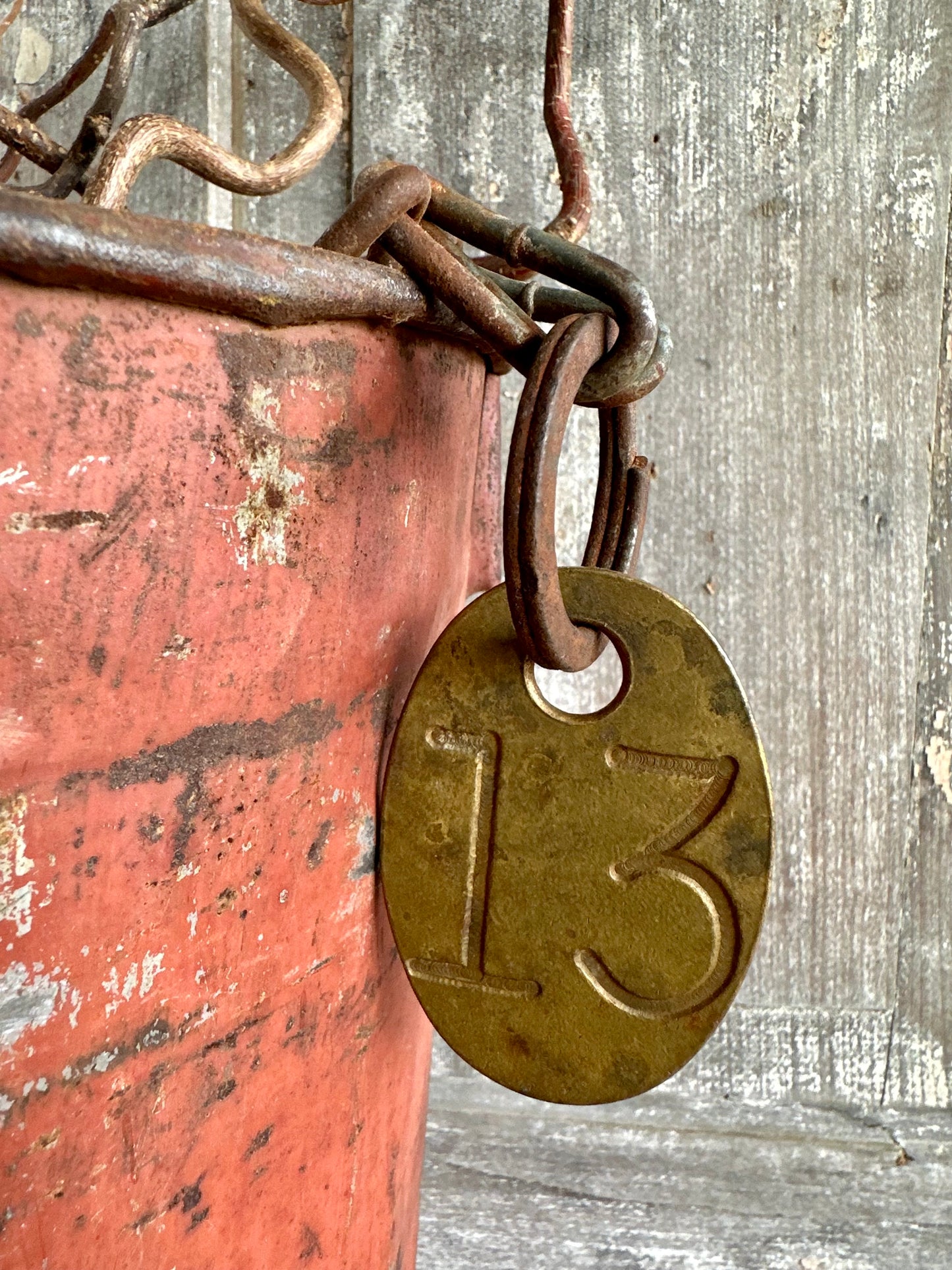 Cattle Brass Tag #13 With Rusty Metal Chain