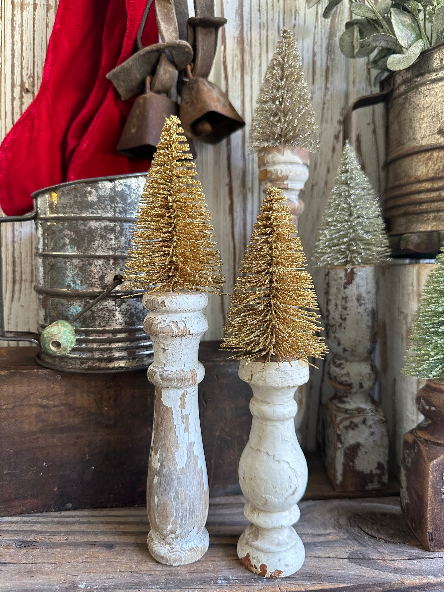 Salvage Wood Spindle With Christmas Gold Tree Set Of Two