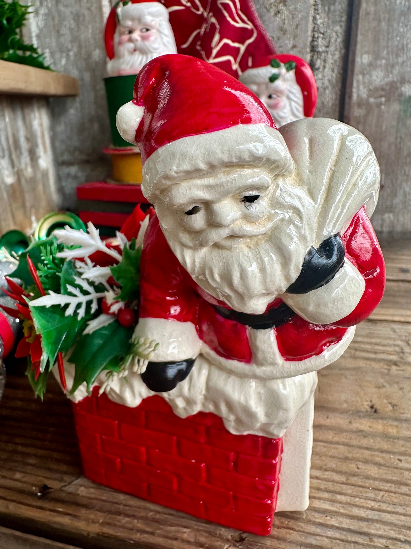 Santa Claus Chimney Planter With Faux Christmas Stems