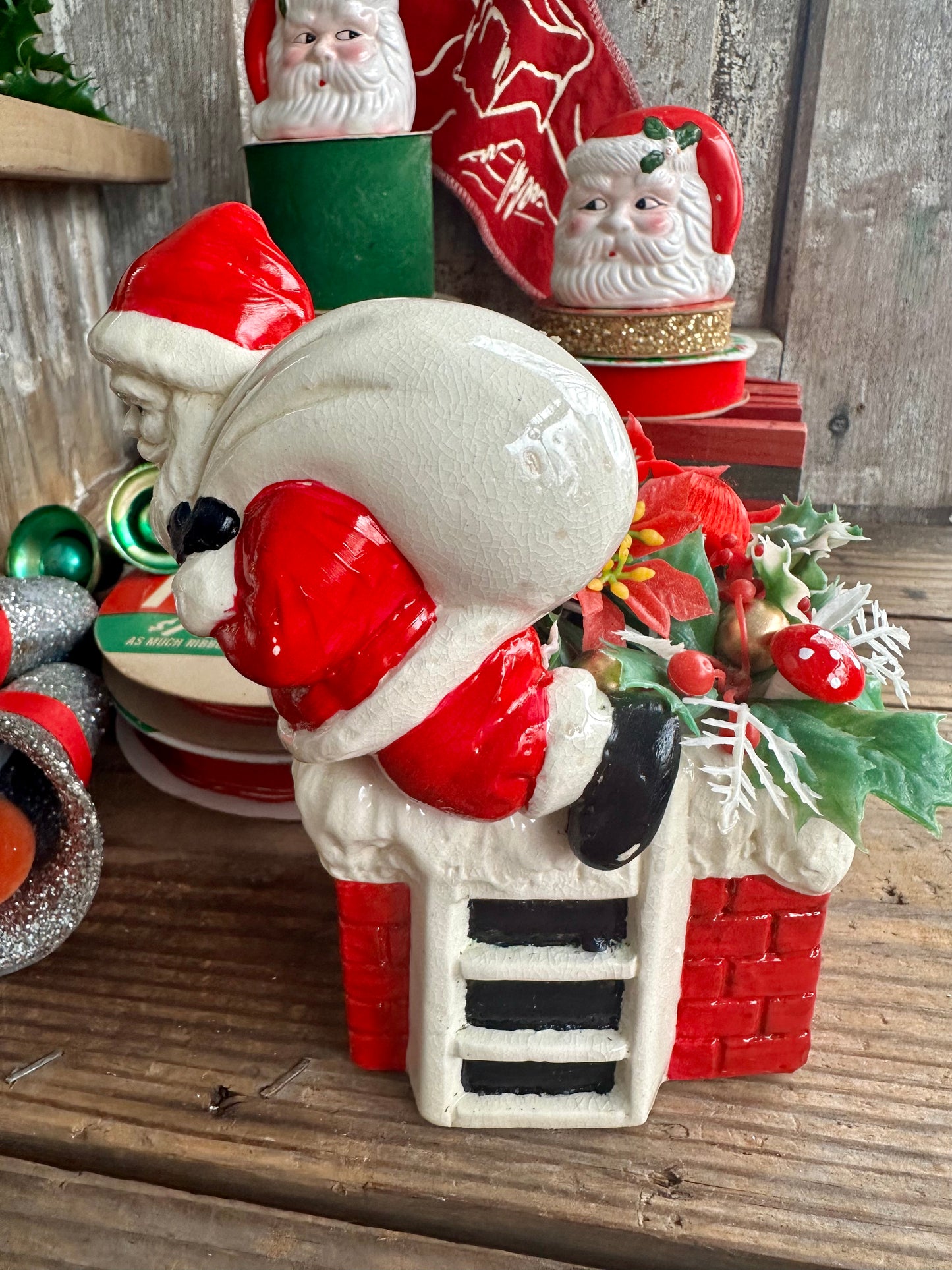 Santa Claus Chimney Planter With Faux Christmas Stems