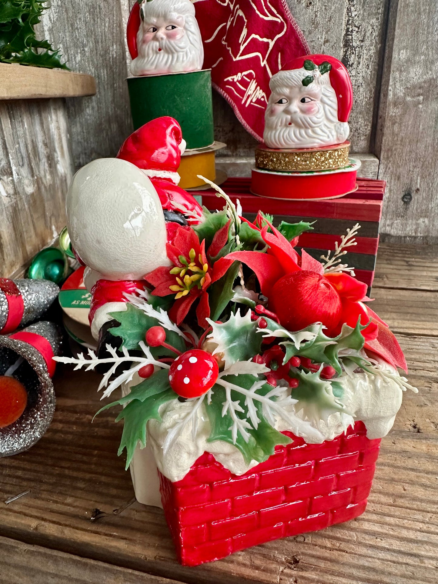 Santa Claus Chimney Planter With Faux Christmas Stems