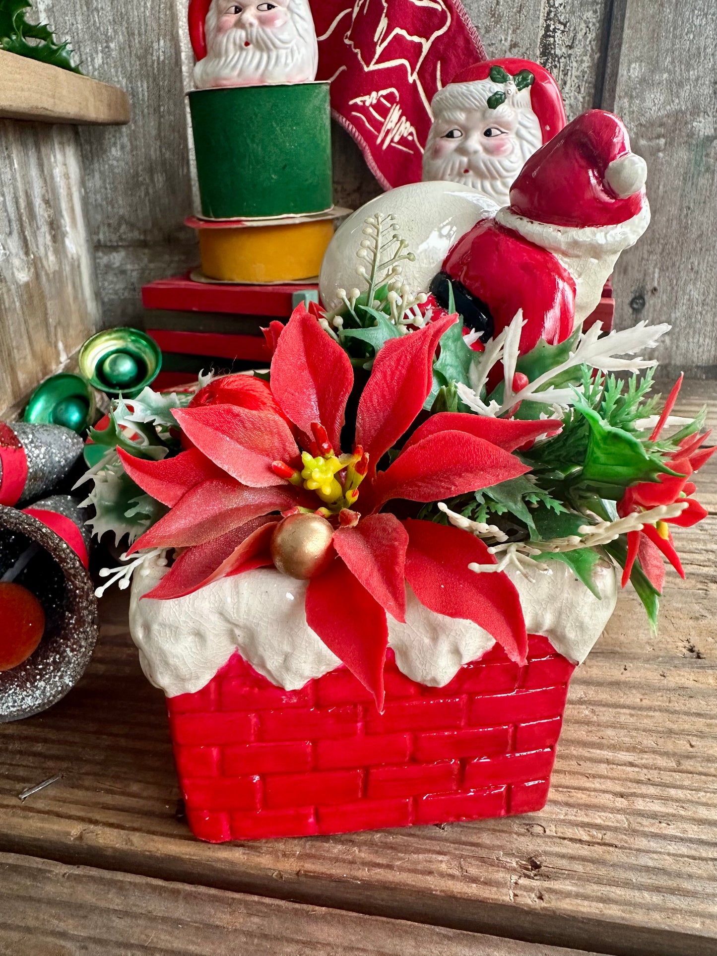 Santa Claus Chimney Planter With Faux Christmas Stems