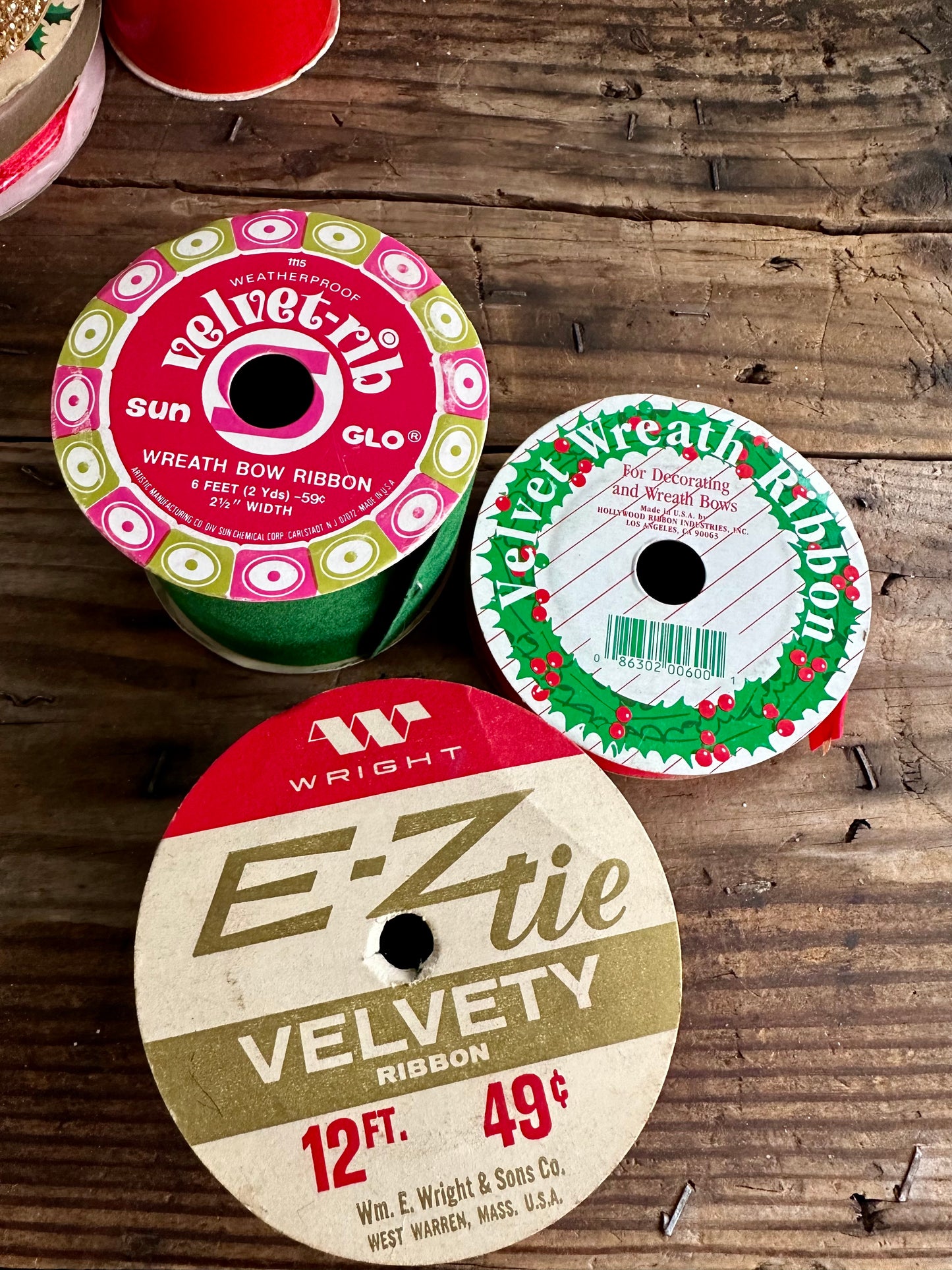 Set Of Three Spools Of Velvet Ribbon